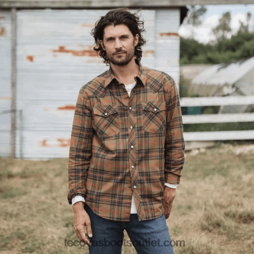 homens snap de pérola de algodão escovado Z4488X39 xadrez azul marinho Tecovas