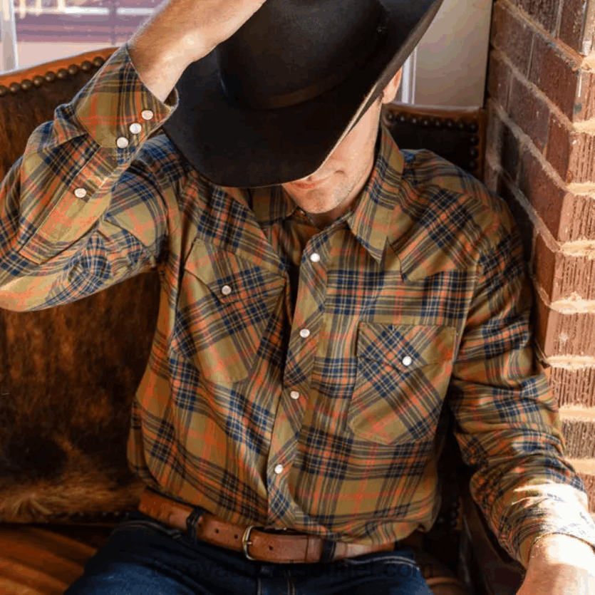 homens snap de pérola de algodão escovado Z4488X39 xadrez azul marinho Tecovas