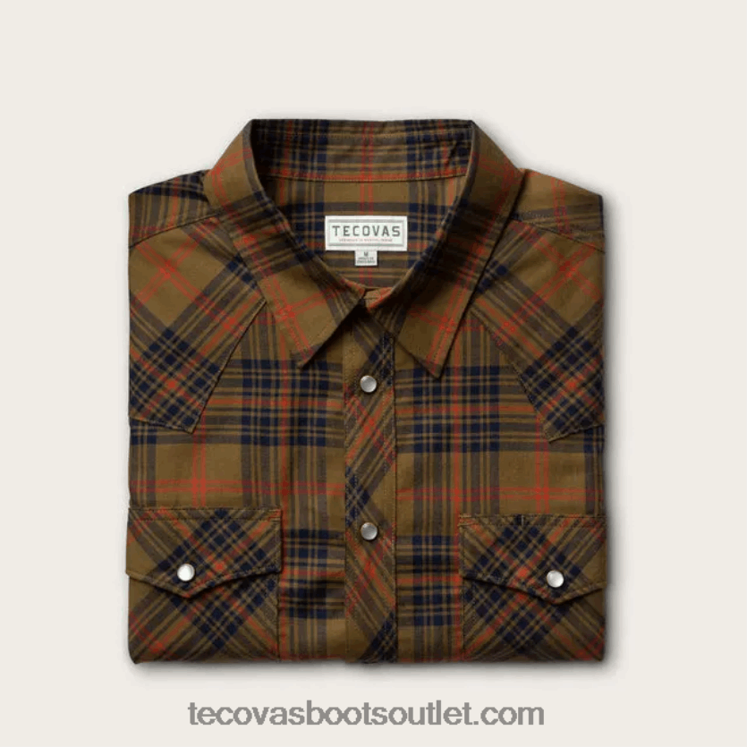 homens snap de pérola de algodão escovado Z4488X39 xadrez azul marinho Tecovas